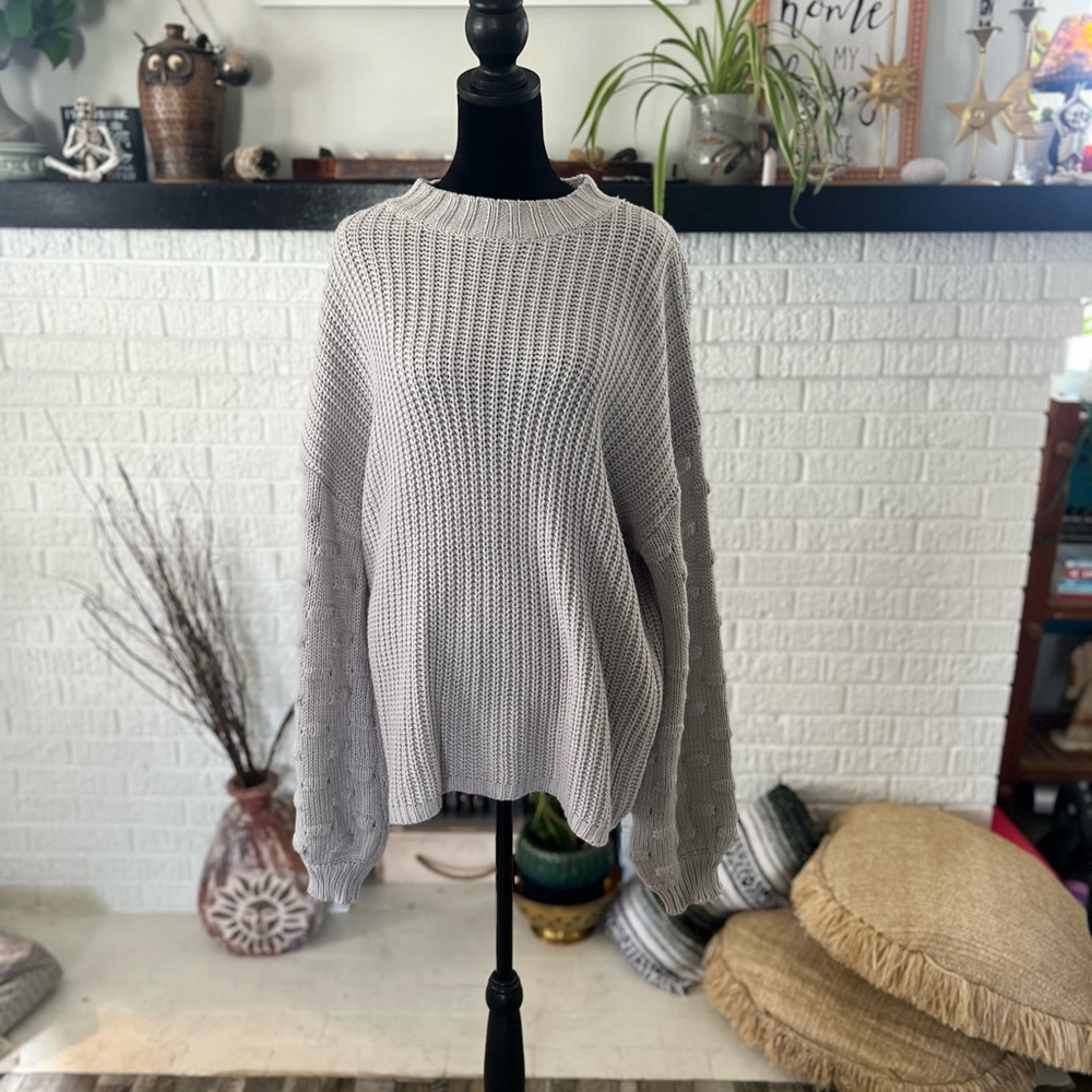 Gray Ribbed Knit Crew Neck Sweater